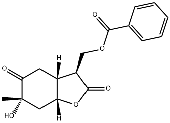 [3S,3aα,7aα,(-)]-3a,6,7,7a-テトラヒドロ-6β-ヒドロキシ-3α-[(ベンゾイルオキシ)メチル]-6-メチルベンゾフラン-2,5(3H,4H)-ジオン 化学構造式