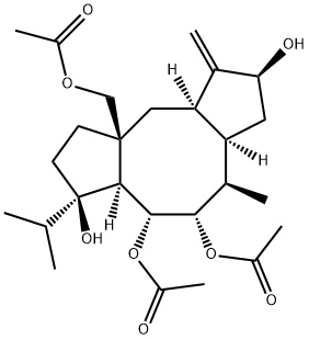 [2S,3aα,6aα,10aα,(-)]-9aβ-(Acetoxymethyl)tetradecahydro-7-isopropyl-4β-methyl-1-methylenedicyclopenta[a,d]cyclooctene-2β,5α,6α,7β-tetrol 5,6-diacetate Structure