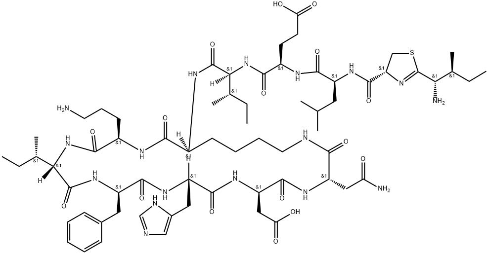 Bacitracin F, 1-[N-[[2-(1-amino-2-methylbutyl)-4,5-dihydro-4-thiazolyl]carbonyl]-l-leucine]-  Structure