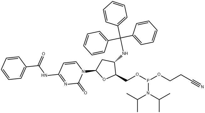 N4-benzoyl-3'-(trityl)amino-2', 3'-dideoxycytidine-5'-cyanoethyl Phosphoramidite Structure