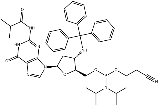 N2-isobutyryl-3'-(trityl)amino-2', 3'-dideoxyguanosine-5'-cyanoethyl Phosphoramidite Structure