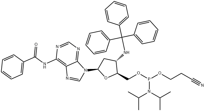 Adenosine, N-benzoyl-2',3'-dideoxy-3'-[(triphenylmethyl)amino]-, 5'-[2-cyanoethyl N,N-bis(1-methylethyl)phosphoramidite] Structure