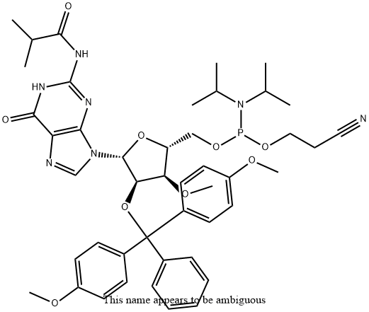 Guanosine, 2'-O-[bis(4-methoxyphenyl)phenylmethyl]-3'-O-methyl-N-(2-methyl-1-oxopropyl)-, 5'-[2-cyanoethyl N,N-bis(1-methylethyl)phosphoramidite] Structure