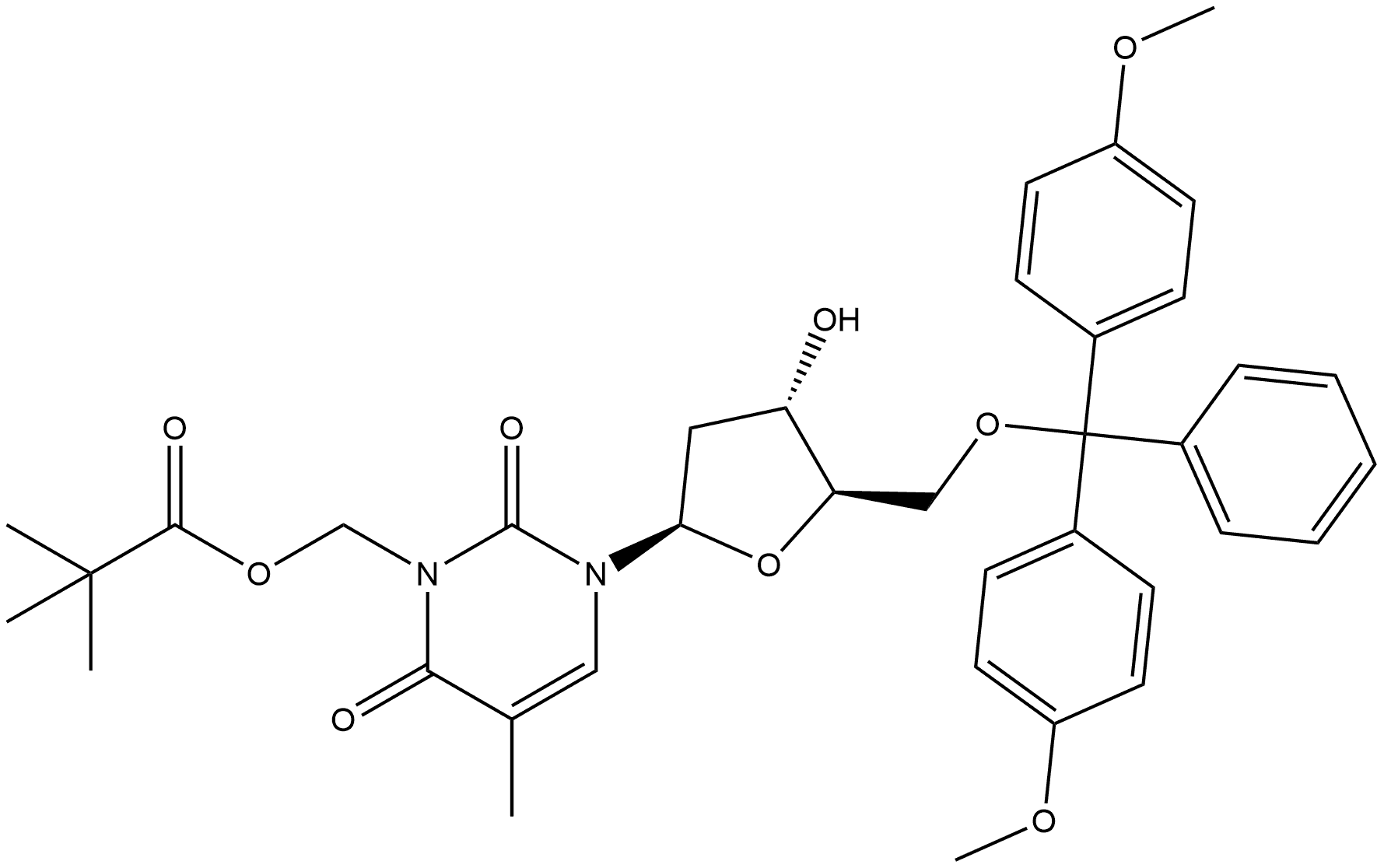 Thymidine, 5'-O-[bis(4-methoxyphenyl)phenylmethyl]-3-[(2,2-dimethyl-1-oxopropoxy)methyl]- (9CI) Structure