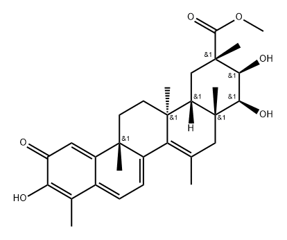 24,25,26,27-Tetranoroleana-1(10),3,5,7,14-pentaen-29-oic acid, 3,21,22-trihydroxy-9,13,15-trimethyl-2-oxo-, methyl ester, (9β,13α,20α,21β,22β)- Structure