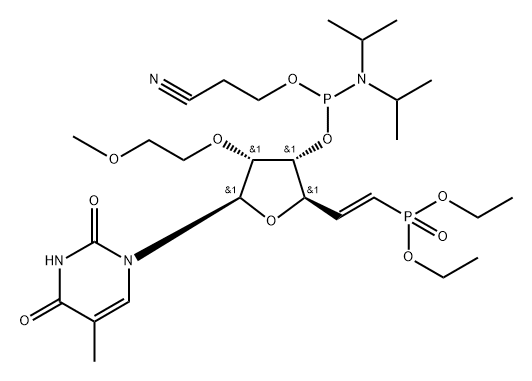 1-[(5E)-3-O-[(Bis-di-isopropyl amino)(2-cyanoethoxy) phosphino]-5,6-dideoxy-6-(diethoxyphosphinyl)-2-O-(2-methoxyethyl)-β-D-ribo-hex-5-enofuranosyl]-5-methyluracil Structure
