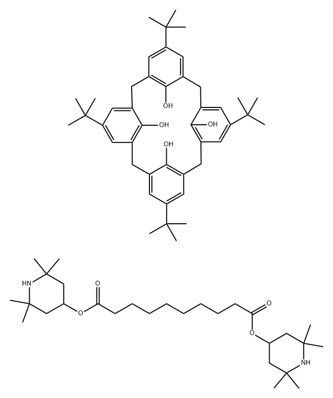 Decanedioic acid, 1,10-bis(2,2,6,6-tetramethyl-4-piperidinyl) ester, compd. with 5,11,17,23-tetrakis(1,1-dimethylethyl)pentacyclo[19.3.1.13,7.19,13.115,19]octacosa-1(25),3,5,7(28),9,11,13(27),15,17,19(26),21,23-dodecaene-25,26,27,28-tetrol (1:2) Structure