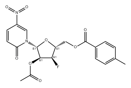 1-(2-O-Acetyl-5-O-(p-toluoyl)-3-deoxy-3-fluoro-b-D-ribofuranosyl)-5-nitropyridine-2(1H)-one Structure