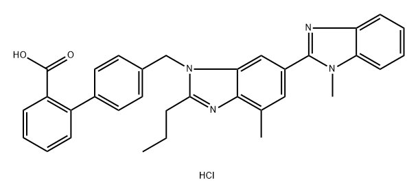 [1,1'-Biphenyl]-2-carboxylic acid, 4'-[(1,4'-dimethyl-2'-propyl[2,6'-bi-1H-benzimidazol]-1'-yl)methyl]-, hydrochloride (1:1) Structure