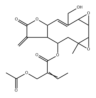 (Z)-2-Acetoxymethyl-2-butenoic acid [(1aR,1bS,2aS,3Z,4aR,7aR,8R,9aR)-1a,1b,2a,4a,6,7,7a,8,9,9a-decahydro-3-hydroxymethyl-9a-methyl-7-methylene-6-oxobisoxireno[5,6:7,8]cyclodeca[1,2-b]furan-8-yl] ester Structure