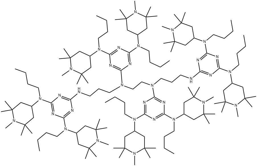 N，N’，4，7-テトラキス｛4，6-ビス［N-ブチル-N-（1，2，2，6，6-ペンタメチル-4-ピペリジル）アミノ］-1，3，5-トリアジン-2-イル｝-4，7-ジアザデカン-1，10-ジアミン 化学構造式
