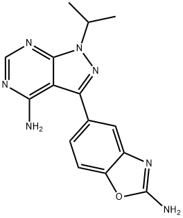 3-(2-氨基-5-苯并恶唑基)-1-(1-甲基乙基)-1H-吡唑并[3,4-D]嘧啶-4-胺, 1224844-38-5, 结构式