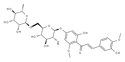 (E)-2',3-ジヒドロキシ-4,6'-ジメトキシ-4'-[6-O-(6-デオキシ-α-L-マンノピラノシル)-β-D-グルコピラノシル]オキシカルコン 化学構造式