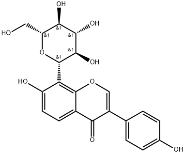 8-β-D-グルコピラノシル-3-(4-ヒドロキシフェニル)-7-ヒドロキシ-4H-1-ベンゾピラン-4-オン 化学構造式