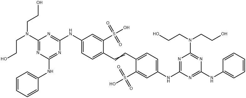 2,2'-(1,2-エテンジイル)ビス[5-[[4-[ビス(2-ヒドロキシエチル)アミノ]-6-フェニルアミノ-1,3,5-トリアジン-2-イル]アミノ]ベンゼンスルホン酸] 化学構造式