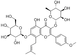 3-(6-デオキシ-α-L-マンノピラノシルオキシ)-7-(β-D-グルコピラノシルオキシ)-5-ヒドロキシ-2-(4-メトキシフェニル)-8-(3-メチル-2-ブテニル)-4H-1-ベンゾピラン-4-オン 化学構造式