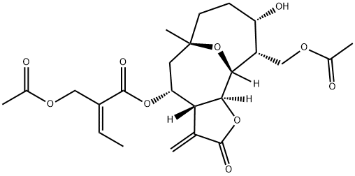 (Z)-2-アセトキシメチル-2-ブテン酸[(3aR,4R,6S,9S,10S,11R,11aS)-ドデカヒドロ-10-アセトキシメチル-9-ヒドロキシ-6-メチル-3-メチレン-2-オキソ-6,11-エポキシシクロデカ[b]フラン-4-イル] 化学構造式