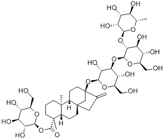 (4R)-13-[[2-O-(6-デオキシ-α-L-マンノピラノシル)-3-O-(β-D-グルコピラノシル)-β-D-グルコピラノシル]オキシ]カウラ-16-エン-18-酸β-D-グルコピラノシル 化学構造式
