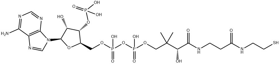 アデノシン3'-りん酸5'-[二りん酸P2-[(R)-3-ヒドロキシ-2,2-ジメチル-3-[[2-[(2-メルカプトエチル)カルバモイル]エチル]カルバモイル]プロピル]] 化学構造式