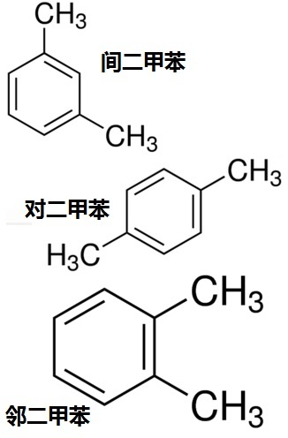 二甲苯三种异构体邻二甲苯,间二甲苯,对二甲苯的化学结构式