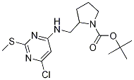 2-[(6-Chloro-2-methylsulfanyl-pyrimidin-4-ylamino)-methyl]-pyrrolidine-1-carboxylic acid tert-butyl ester 化学構造式