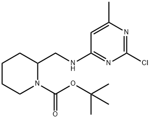2-[(2-Chloro-6-methyl-pyrimidin-4-ylamino)-methyl]-piperidine-1-carboxylic acid tert-butyl ester 化学構造式