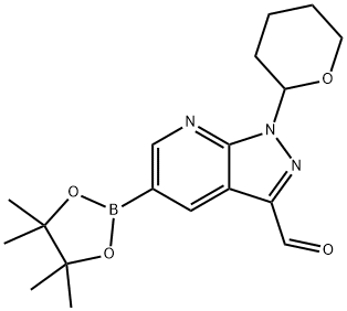 1-(四氢-2H-吡喃-2-基)-5-(4,4,5,5-四甲基-1,3,2-二噁硼烷-2-基)-1H-吡唑并[3,4-B]吡啶-3-甲醛, 1314734-68-3, 结构式