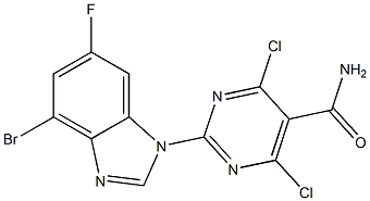 2-(4-broMo-6-fluoro-1H-benzo[d]iMidazol-1-yl)-4,6-dichloropyriMidine-5-carboxaMide 化学構造式