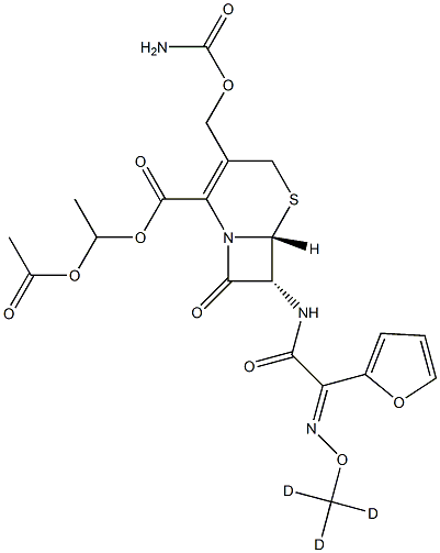 (6R,7R)-3-[[(AMinocarbonyl)oxy]Methyl]-7-[[(2E)-2-(2-furanyl)-2-[(Methoxy-d3)iMino]acetyl]aMino]-8-oxo-5-thia-1-azabicyclo[4.2.0]oct-2-ene-2-carboxylic Acid 1-(Acetyloxy)ethyl Ester,,结构式