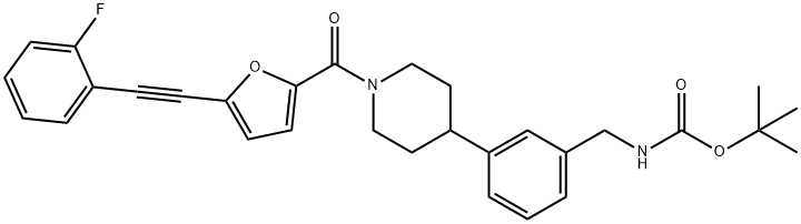 tert-butyl 3-(1-(5-((2-fluorophenyl)ethynyl)furan-2-carbonyl)piperidin-4-yl)benzylcarbaMate Struktur