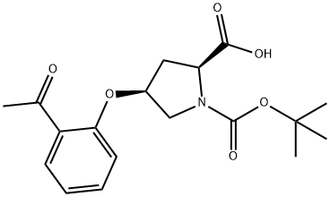 (2S,4S)-4-(2-Acetylphenoxy)-1-(tert-butoxy-carbonyl)-2-pyrrolidinecarboxylic acid 化学構造式