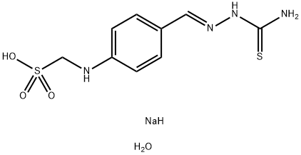 Sodium ({4-[2-(aminocarbonothioyl)carbono-hydrazonoyl]phenyl}amino)methanesulfonate hydrate Structure