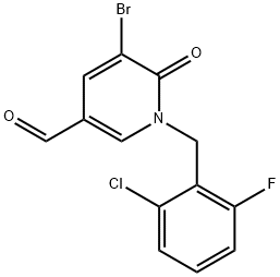 5-ブロモ-1-(2-クロロ-6-フルオロベンジル)-1,6-ジヒドロ-6-オキソピリジン-3-カルボキシアルデヒド 化学構造式