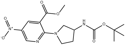 Methyl 2-{3-[(tert-butoxycarbonyl)amino]-1-pyrrolidinyl}-5-nitronicotinate 化学構造式