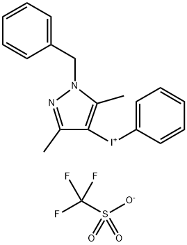 (1-Benzyl-3,5-dimethyl-1H-pyrazol-4-yl)(phenyl)-iodonium trifluoromethanesulfonate Struktur