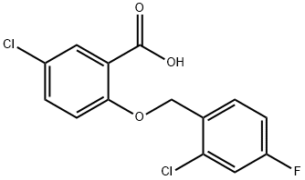5-chloro-2-[(2-chloro-4-fluorobenzyl)oxy]benzoic acid Struktur