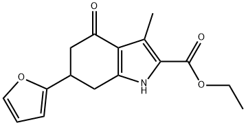Ethyl 6-(2-furyl)-3-methyl-4-oxo-4,5,6,7-tetrahydro-1H-indole-2-carboxylate 化学構造式