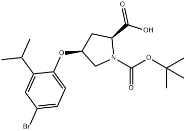 (2S,4S)-4-(4-Bromo-2-isopropylphenoxy)-1-(tert-butoxycarbonyl)-2-pyrrolidinecarboxylic acid 化学構造式
