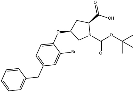 (2S,4S)-4-(4-Benzyl-2-bromophenoxy)-1-(tert-butoxycarbonyl)-2-pyrrolidinecarboxylic acid 化学構造式