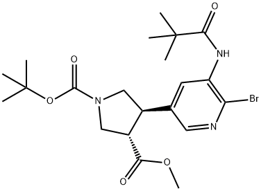4-(6-ブロモ-5-ピバルアミドピリジン-3-イル)ピロリジン-1,3-二カルボン酸(3S,4R)-1-TERT-ブチル3-メチル 化学構造式