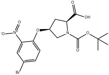 (2S,4S)-4-(4-Bromo-2-nitrophenoxy)-1-(tert-butoxycarbonyl)-2-pyrrolidinecarboxylic acid 化学構造式