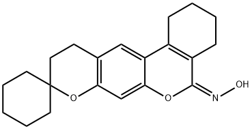 (5E)-1,2,3,4,10,11-ヘキサヒドロ-5H-スピロ[ベンゾ[C]ピラノ[3,2-G]クロメン-9,1'-シクロヘキサン]-5-オンオキシム 化学構造式