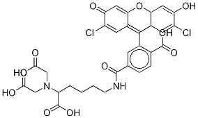 N-[5-(Bis-carboxymethyl-amino)-5-carboxy-pentyl)]-2-(2,7-dichloro-6-hydroxy-3-oxo-3H-xanthen-9-yl)-terephthalamic Acid 结构式