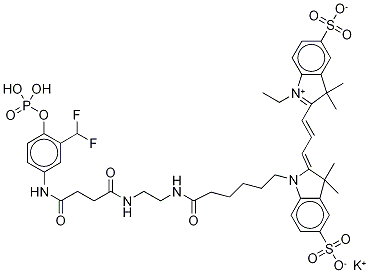 Ethylenediamine N-[(Cyanine 3) Monofunctional Hexanoic Acid]-N[3-difluoromethyl-4-phosphoanilinamidosuccinic Acid] Diamide Structure