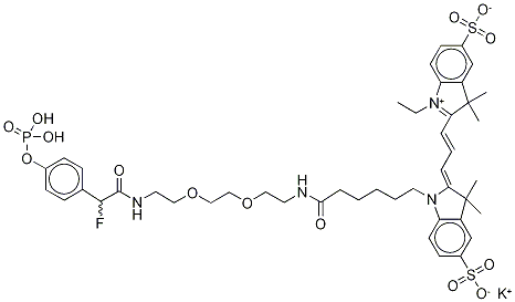 4,7-Dioxaoctylenediamine N-[(Cyanine 3) Monofunctional Hexanoic Acid]-N[2-fluoro-4phosphophenylacetic Acid] Diamide 化学構造式