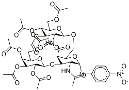 p-Nitrophenyl 2-Acetamido-4-O-acetyl-6-O-(2-acetamido-3,4,6-tri-O-acetyl-2-deoxy-β-D-glucopyranosyl)-2-deoxy-3-O-(2,3,4,6-tetra-O-acetyl-β-D-galactopyranosyl)-α- D-galactopyranoside

 化学構造式