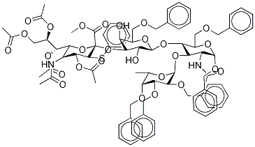 O-(5-AcetaMido-4,7,8,9-tetra-O-acetyl-3-thiophenyl-α-neuraMinosyl Methyl Ester)-2-α-3-O-(6-O-benzyl-β-D-galactopyranosyl)-1-β-4-O-[6-deoxy-2,3,4-tri-O-benzyl-α-L-galactopyranosyl-(1-α-3)]-2-(acetylaMino)-2-deoxy-1,6-di-O-benzyl-α-D-glucose 结构式