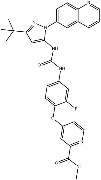 N-[3-tert-Butyl-1-(quinolin-6-yl)-1H-pyrazol-5-yl]-N'-[2-fluoro-4-[(2-(MethylcarbaMoyl)pyridin-4-yl)oxy]phenyl]urea 化学構造式