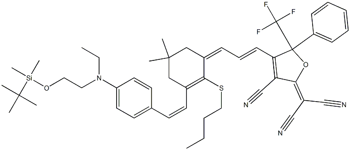 2-[4-(3-{3-[2-(4-{[2-(tert-Butyl-diMethyl-silanyloxy)-ethyl]- ethyl-aMino}-phenyl)-vinyl]-2-butylsulfanyl-5,5-diMethyl- cyclohex-2-enylidene}-propenyl)-3-cyano-5-phenyl-5- trifluoroMethyl-5H- furan-2-ylidene]-Malononitrile Struktur