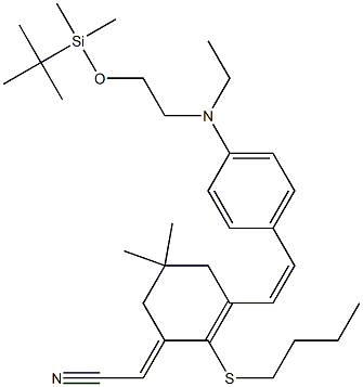 (2E)-2-[2-(丁硫基)-3-[(1E)-2-[4-[[2-[[(叔丁基)二甲基硅烷基]氧基]乙基]乙基氨基]苯基]乙烯基]-5,5-二甲基-2-环己烯-1-亚基]-乙腈, 1048688-76-1, 结构式